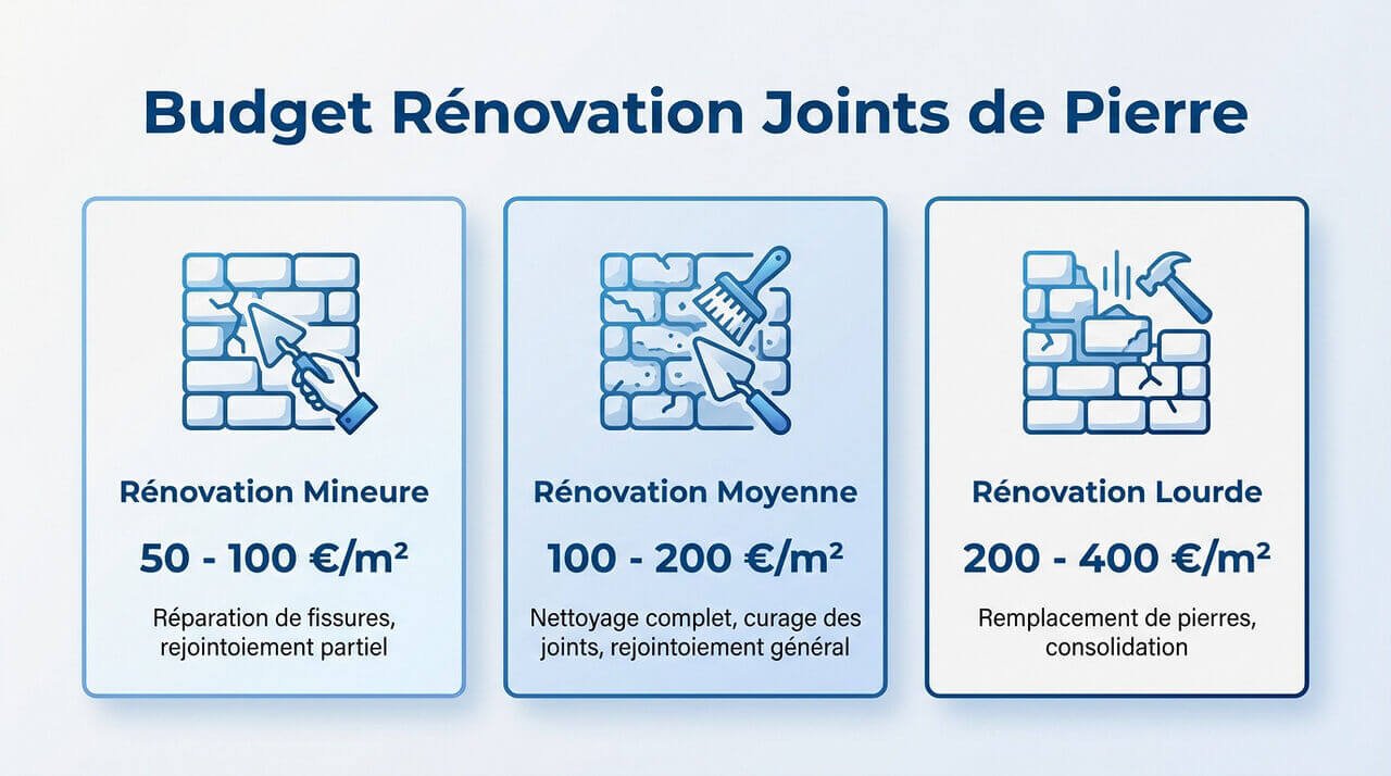 Artisan réalisant un jointoiement de mur en pierre, illustrant le coût de rénovation