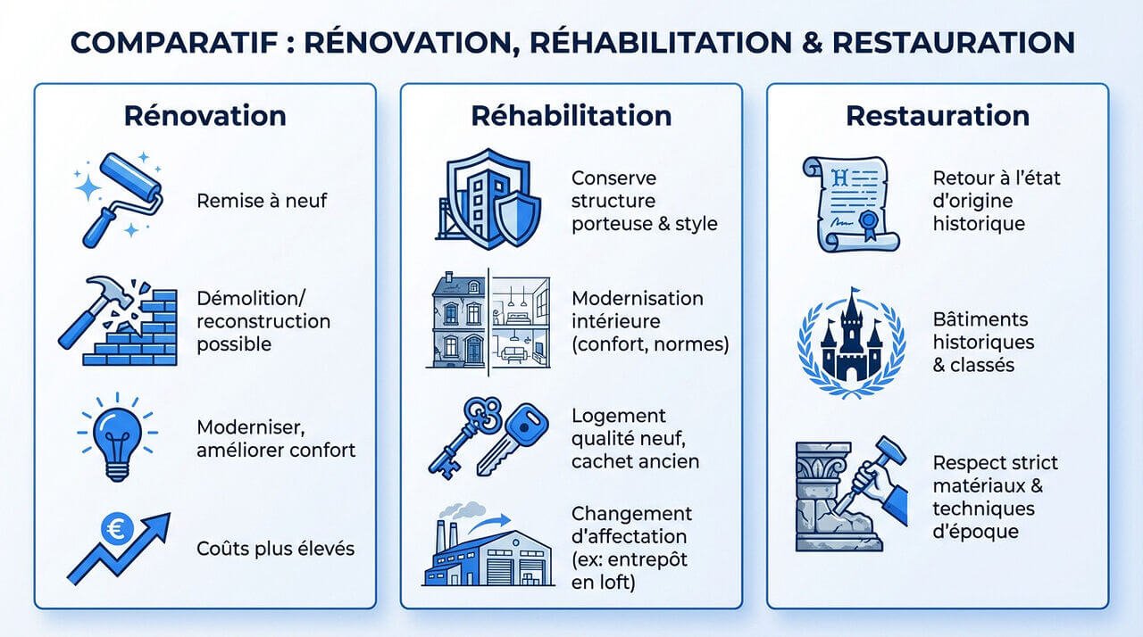 Tableau comparatif illustrant la différence entre rénovation, réhabilitation et restauration de bâtiment