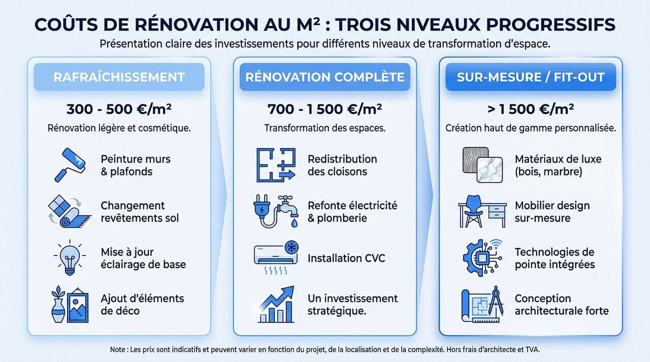 Graphique comparatif des coûts de rénovation de bureaux au m² selon le niveau de finition : rafraîchissement, complète et haut de gamme