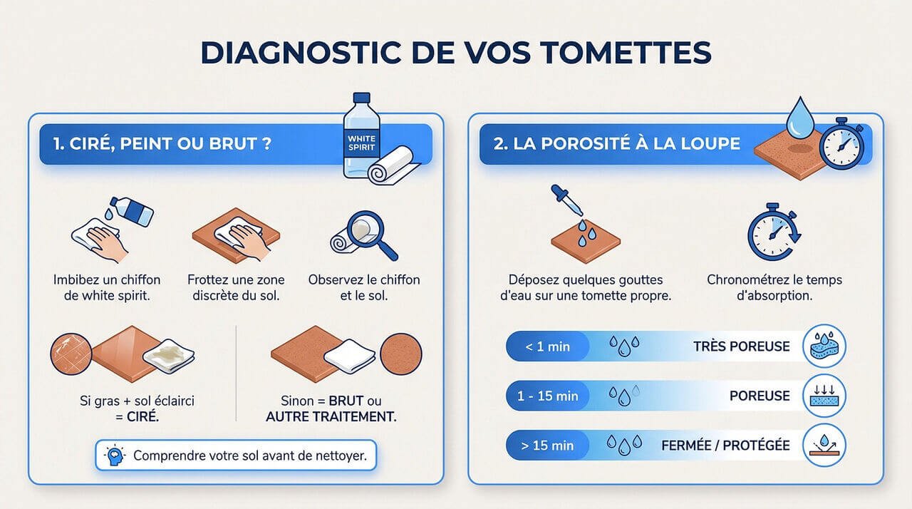 Test de porosité et diagnostic de l'état de surface des tomettes anciennes avant rénovation
