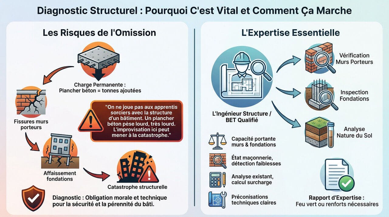 Ingénieur réalisant un diagnostic structurel sur un chantier de rénovation avant coulage de dalle béton
