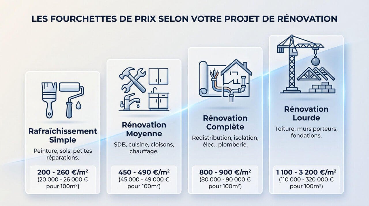 Graphique illustrant les fourchettes de prix de rénovation au m2 selon le niveau de travaux