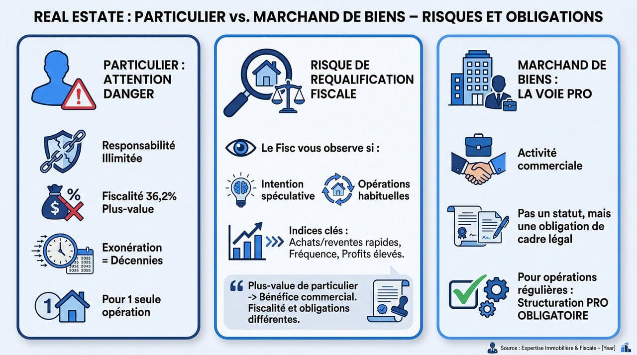 Comparaison des risques et obligations entre le statut de particulier et de marchand de biens pour l'achat-revente immobilier