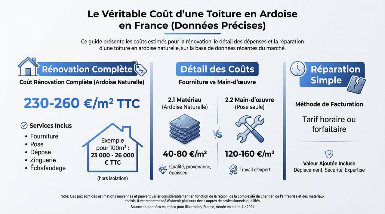 Graphique illustrant le coût moyen de rénovation d'une toiture en ardoise au m2