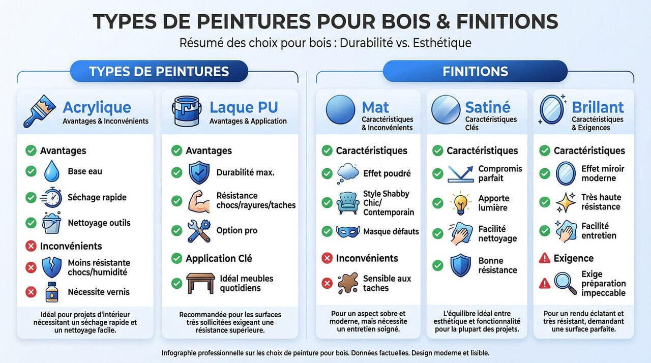 Comparatif des peintures acryliques et laques polyuréthane pour la rénovation de meubles en bois
