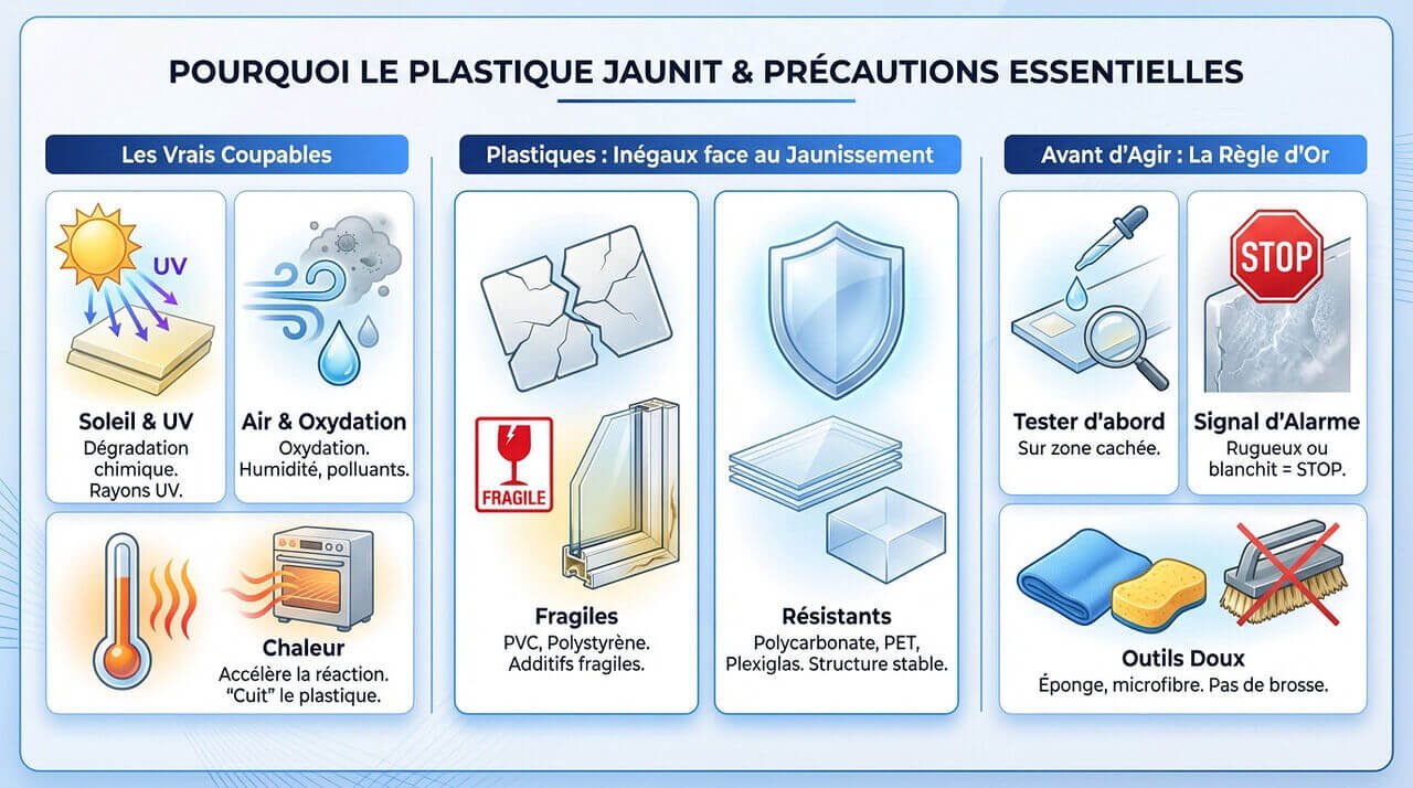 Schéma expliquant la photo-oxydation du plastique et les précautions de nettoyage