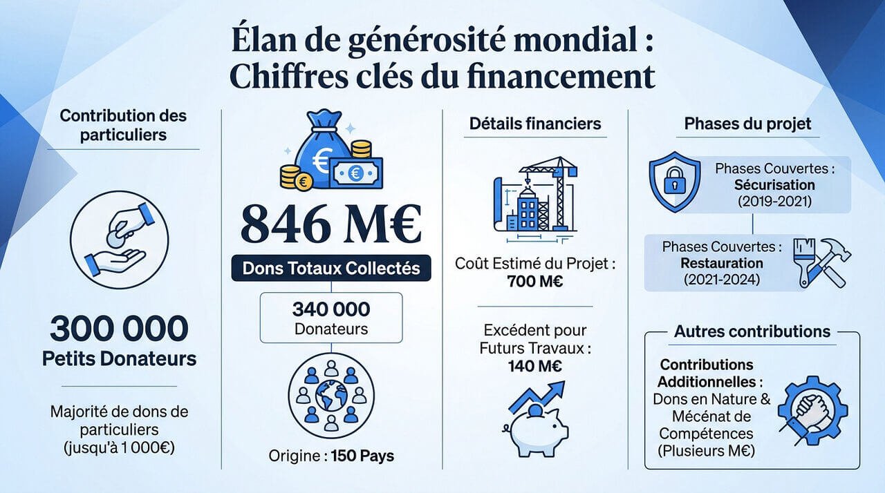 Graphique illustrant la répartition des 846 millions d'euros de dons pour Notre-Dame