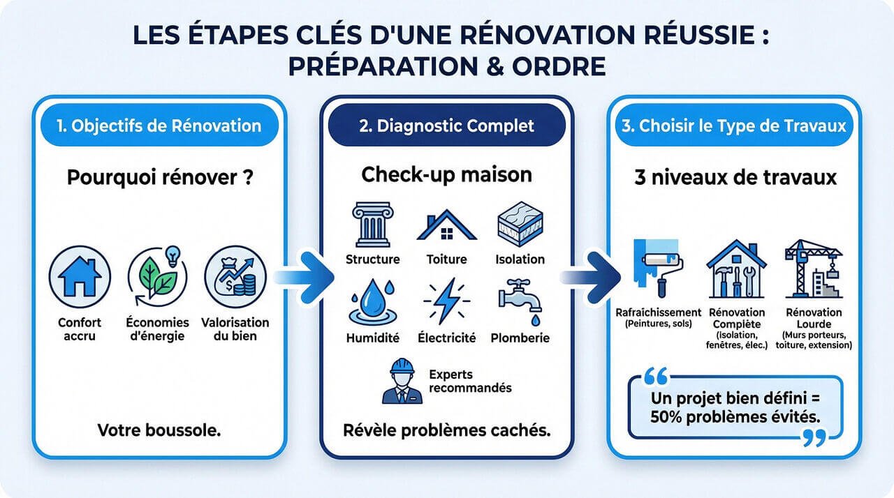 Schéma illustrant les étapes de préparation pour réussir sa rénovation de maison